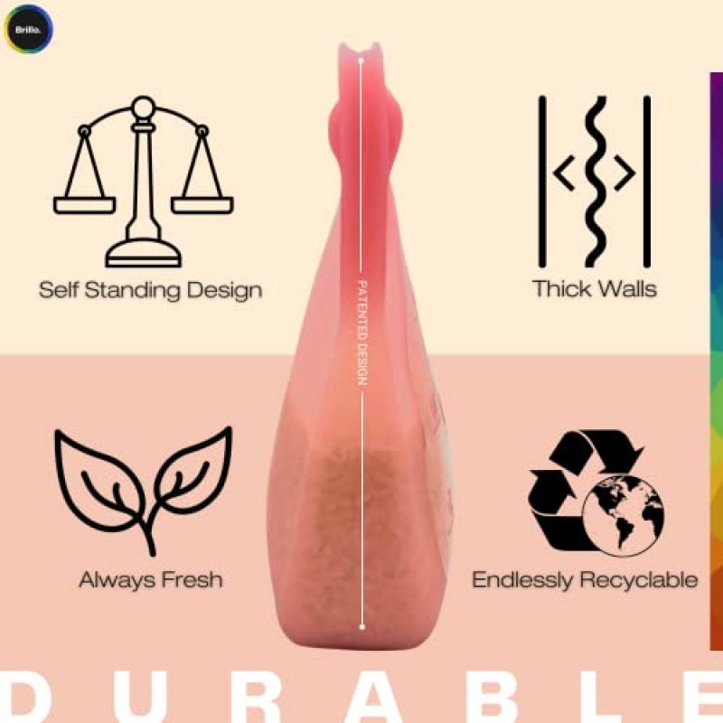 Brilloo 실리콘 재사용 가능한 식품 보관 가방, 번들 | 식사 준비 가방 |여행, 메이크업| 냉동고, 오븐, 전자레인지, 식기세척기 사용 가능, 누출 방지 용기 6팩(레인보우), 중형