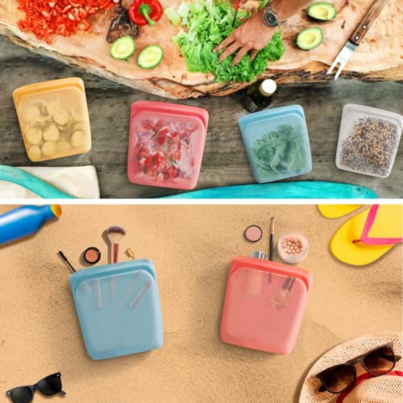 Brilloo 실리콘 재사용 가능한 식품 보관 가방, 번들 | 식사 준비 가방 |여행, 메이크업| 냉동고, 오븐, 전자레인지, 식기세척기 사용 가능, 누출 방지 용기 6팩(레인보우), 중형