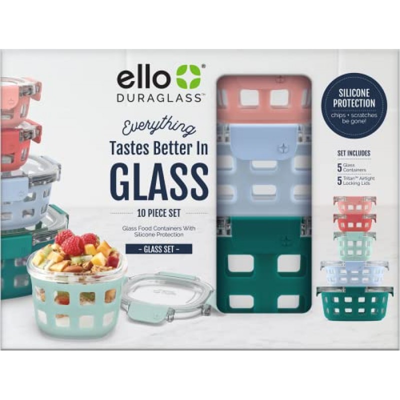 Ello Duraglass 둥근 유리 식사 준비 보관 용기 세트, 10개 3.4컵/800ml, 멜론 & Duraglass 둥근 유리 식사 준비 보관 용기 세트, 10개 멀티 사이즈, 멜론