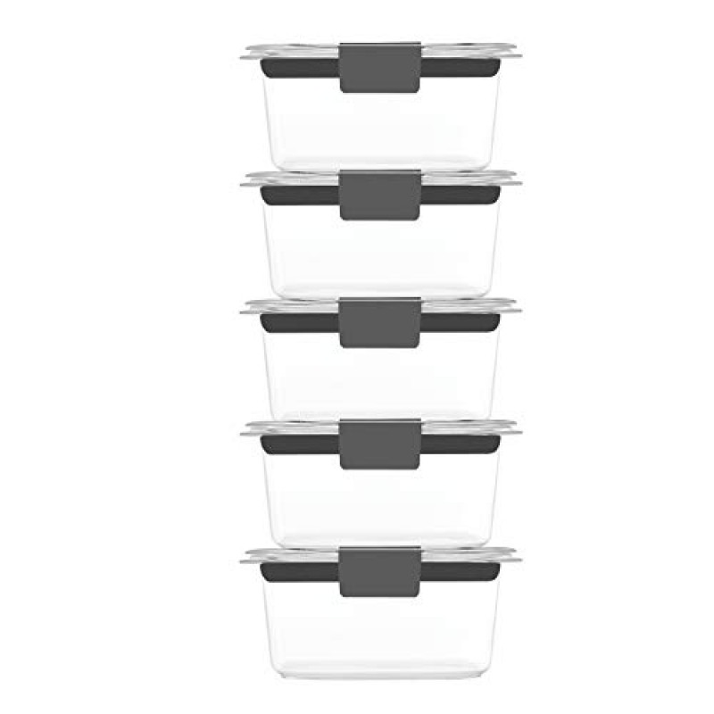 Rubbermaid 뚜껑이 있는 10피스 브릴리언스 식품 보관 용기, 1.3컵, 투명/회색 및 브릴리언스 유리 보관 뚜껑이 있는 3.2컵 식품 용기, BPA 프리 및 누출 방지, 미디엄, 투명, 4팩