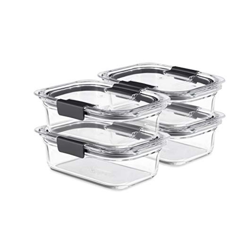 Rubbermaid 뚜껑이 있는 10피스 브릴리언스 식품 보관 용기, 1.3컵, 투명/회색 및 브릴리언스 유리 보관 뚜껑이 있는 3.2컵 식품 용기, BPA 프리 및 누출 방지, 미디엄, 투명, 4팩