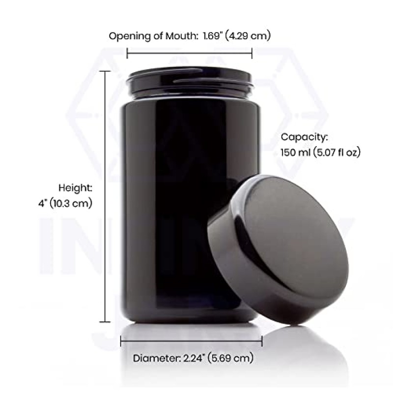 Infinity Jars 150ml(5.07fl oz) 10팩 긴 검정색 자외선 리필 가능 빈 유리 나사형 병