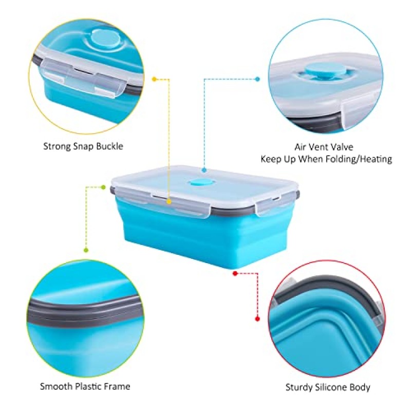 뚜껑이 있는 접이식 식품 저장 용기, 풍부한 크기의 묶음, 16팩, 주방용 쌓기 남은 음식을 위한 실리콘 접이식 식사 준비 용기 세트, 전자레인지 냉동고 식기 세척기 사용 가능, 4가지 색상