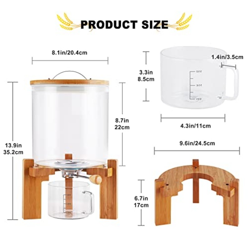 JIAWANSHUN 쌀 디스펜서 쌀 용기 유리 용기가있는 5L 곡물 저장 가정용 주방용 목재 스탠드, 검은 쌀, 녹두, 팥, 귀리, 견과류 용기