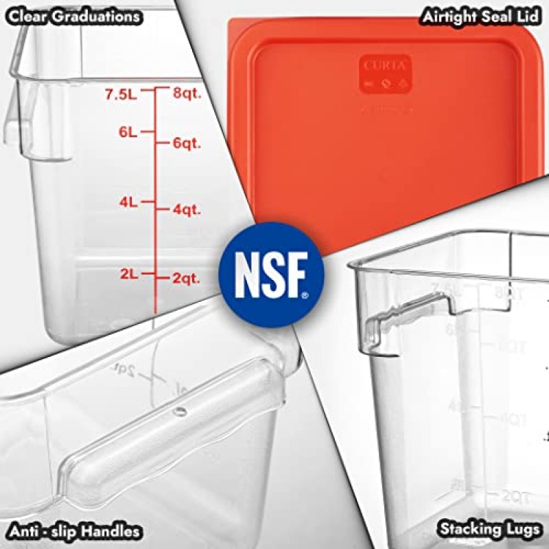 CURTA 4팩 빨간색 뚜껑이 있는 식품 보관 용기 - NSF 등록 상업 등급(8.0Qt) - 정사각형, 투명, 폴리카보네이트