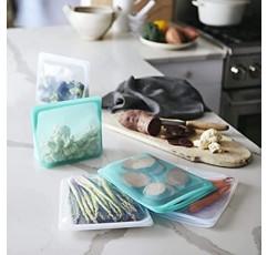 Stasher 실리콘 재사용 가능 보관 가방, 번들 4팩 소형(아쿠아) 및 실리콘 재사용 가능, 스탠드업 미드(아쿠아) | 식품 식사 준비 저장 용기 | 점심식사, 여행, 메이크업