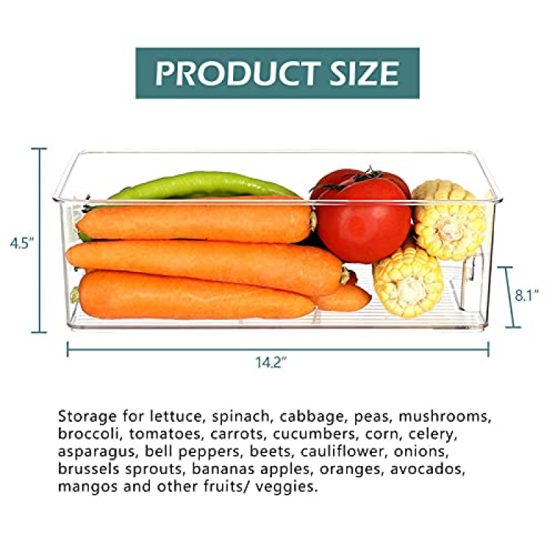 Elabo 식품 저장 용기 냉장고 농산물 보호기 - 쌓을 수 있는 냉장고 정리함 키퍼 서랍통 뚜껑이 있는 바구니 및 야채, 베리 및 과일용 탈착식 배수 트레이