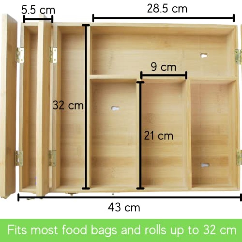 Tribewayy 호일 종이, 슬라이드 커터가 내장된 플라스틱 랩 디스펜서 및 주방 서랍용 지퍼백 정리함, 6 in 1 대나무 보관함. 오크