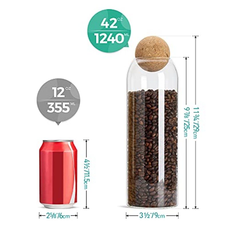 볼 코르크 뚜껑이 있는 ComSaf 유리 식품 저장 용기(42oz/50oz), 파스타 차 커피 콩 시리얼을 제공하는 주방 식료품 저장실 보관용 둥근 코르크 마개가 있는 투명한 키 큰 스파게티 용기