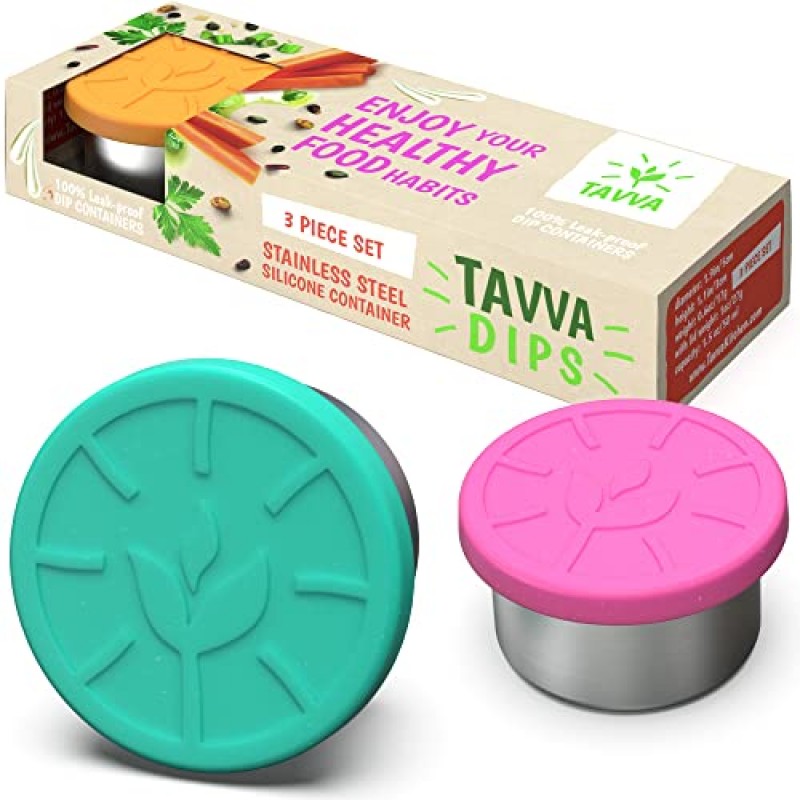 TAVVA 번들 딥스 샐러드 드레싱 용기 테이크아웃 – 3X1.5oz 누출 방지 용기 스낵 스테인레스 스틸 식품 용기 [3개 세트] 점심 23온스 스테인레스 스틸 점심 용기