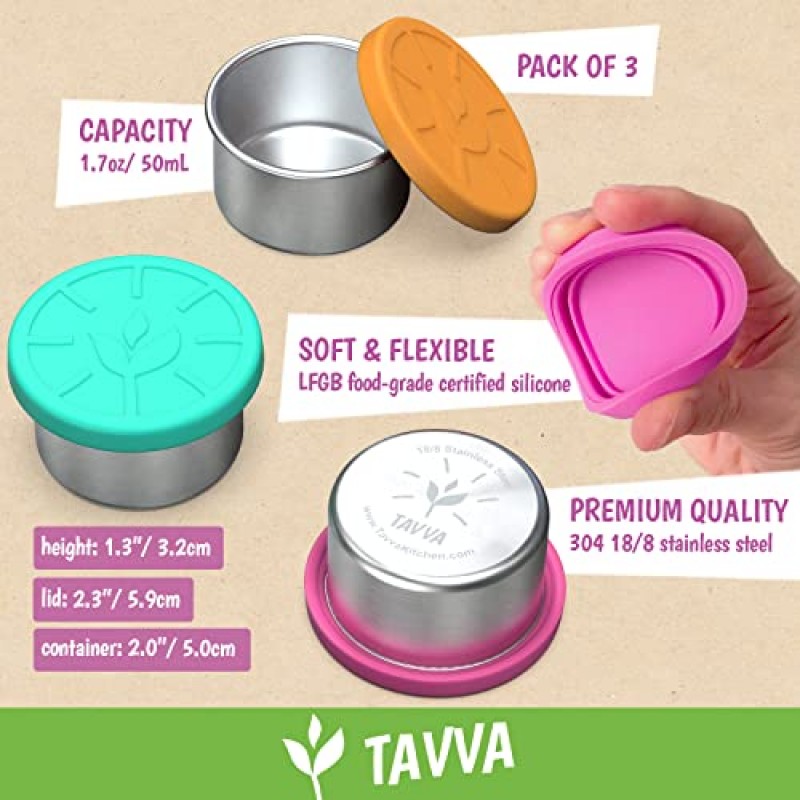 TAVVA 번들 딥스 샐러드 드레싱 용기 테이크아웃 – 3X1.5oz 누출 방지 용기 스낵 스테인레스 스틸 식품 용기 [3개 세트] 점심 23온스 스테인레스 스틸 점심 용기