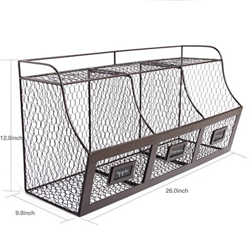 VERGOODR 대형 소박한 벽걸이형 갈색 금속 와이어 걸이 과일 바구니, 주방, 욕실, 거실, 세면실, 사무실 및 3개의 칠판이 있는 상점용 보관 정리함