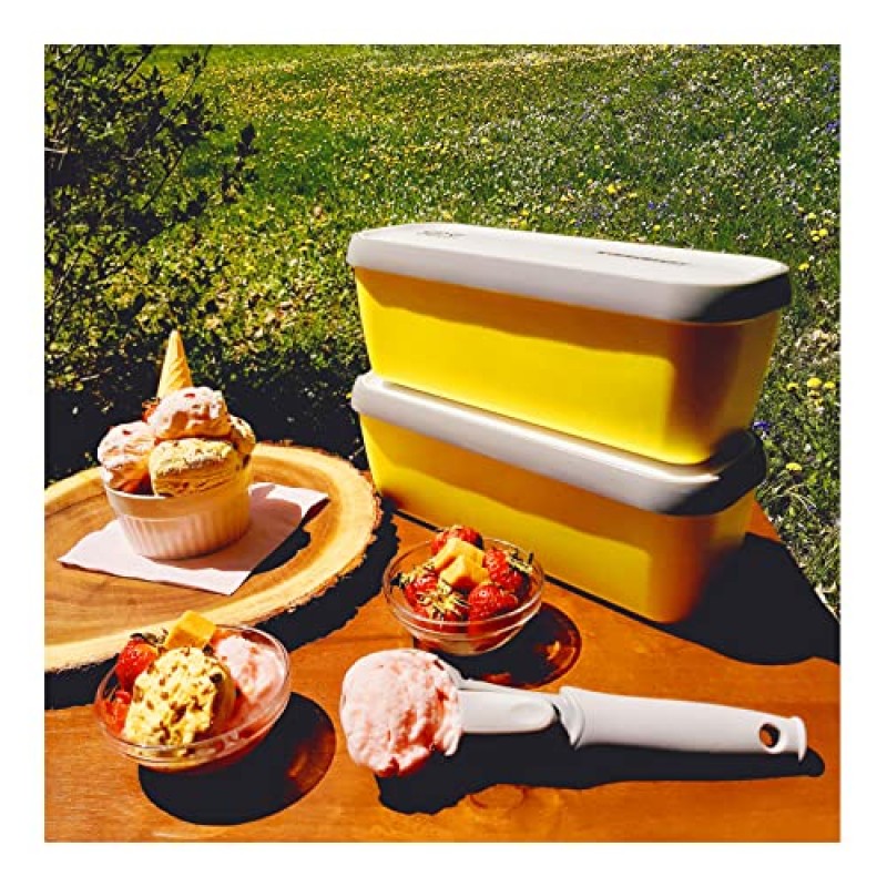 뚜껑이 있는 Gigco21 아이스크림 용기 - 홈메이드 젤라토, 셔벗, 냉동 요구르트, 식품 및 기타 품목을 위한 미끄럼 방지 실리콘 베이스가 있는 1.5쿼트 절연 보관함(용기 2개 및 국자 1개)