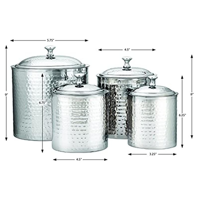 타원형 해머 스테인리스 스틸 광택 캐니스터, 4개 세트, 4qt, 2qt, 1.5qt, 1qt