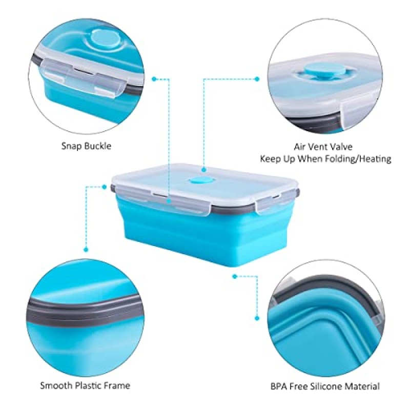 Annaklin 접이식 식품 저장 용기(뚜껑 포함), 3가지 크기 묶음, 12팩, 주방용 쌓임 실리콘 접이식 식사 준비 용기 세트(남은 음식용), 전자레인지 냉동고 식기 세척기 사용 가능, 파란색
