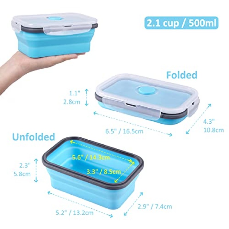 Annaklin 접이식 식품 저장 용기(뚜껑 포함), 3가지 크기 묶음, 12팩, 주방용 쌓임 실리콘 접이식 식사 준비 용기 세트(남은 음식용), 전자레인지 냉동고 식기 세척기 사용 가능, 파란색