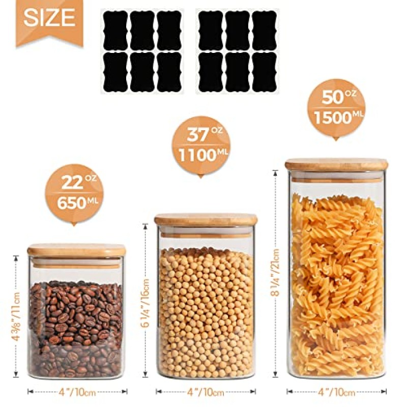 ComSaf 대나무 뚜껑이 있는 밀폐 유리 보관 용기(22oz/27oz/37oz/50oz/71oz) 11개 세트, 투명 식품 보관 용기 밀가루 시리얼 설탕 차 커피 콩 스낵용 주방 식료품 저장실 보관 용기