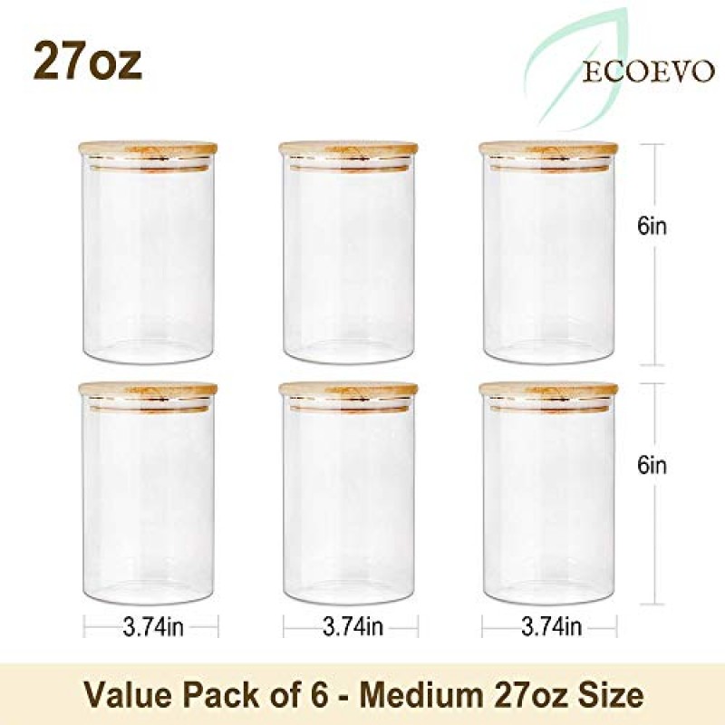 ECOEVO 유리 식품 보관 용기 가치 번들 15개 대나무 뚜껑이 있는 유리병, 유리 식품병 및 용기 세트, 16온스 9팩 및 26온스 6팩