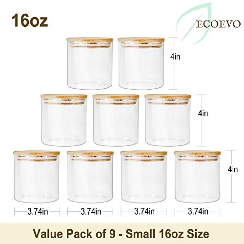 ECOEVO 유리 식품 보관 용기 가치 번들 15개 대나무 뚜껑이 있는 유리병, 유리 식품병 및 용기 세트, 16온스 9팩 및 26온스 6팩