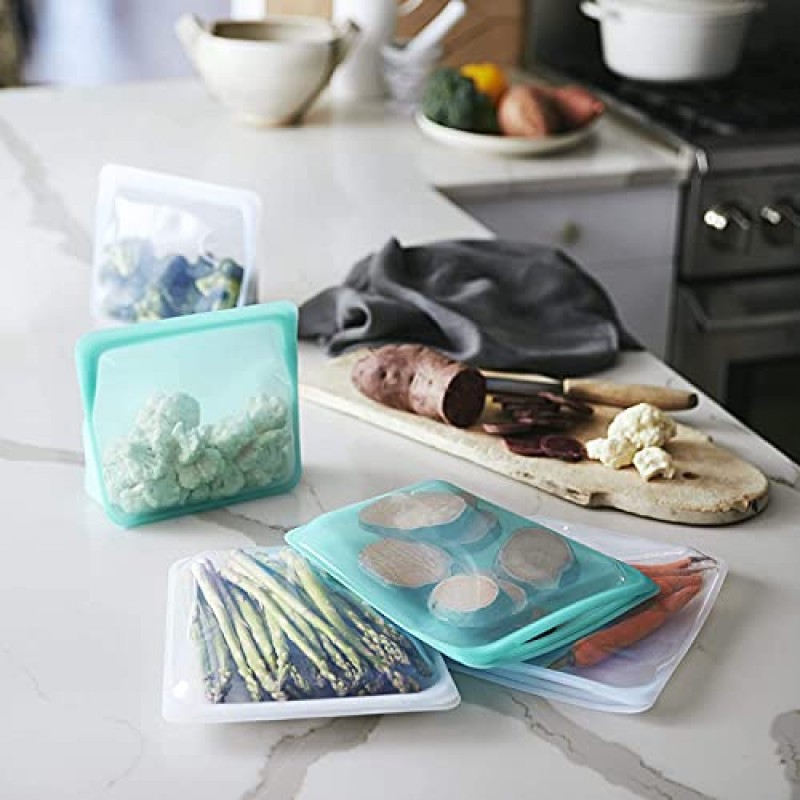 Stasher 실리콘 재사용 가능 보관 가방, 번들 3팩 그릇 및 실리콘 재사용 가능, 스탠드업 미드(아쿠아) | 식품 식사 준비 보관 용기