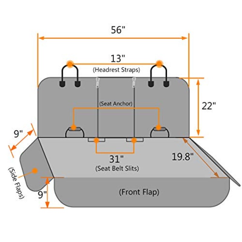 자동차, 트럭, SUV용 메쉬창, 사이드 플랩이 있는 정직한 강아지 카시트 커버 - 뒷좌석용 방수 및 미끄럼 방지 애완동물 시트 커버(회색, 가로 57인치 x 세로 47인치)