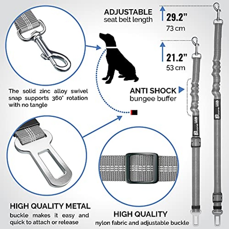 탄성 번지 버퍼가 있는 개용 안전 벨트 | 개를 위한 자동차 여행 액세서리 조절 가능, 탄성(회색)