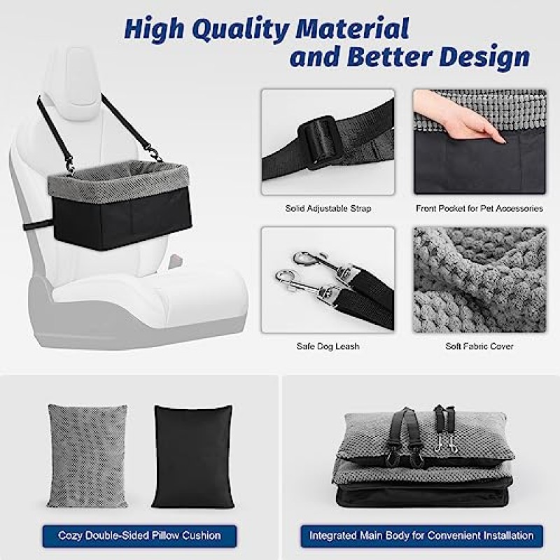 최대 20lbs의 작은 개를 위한 개 자동차 부스터 시트, 작은 애완 동물을 위한 베개 쿠션 보관 포켓이 있는 애완 동물 부스터 자동차 시트 자동차 앞 뒷좌석, 블랙&그레이