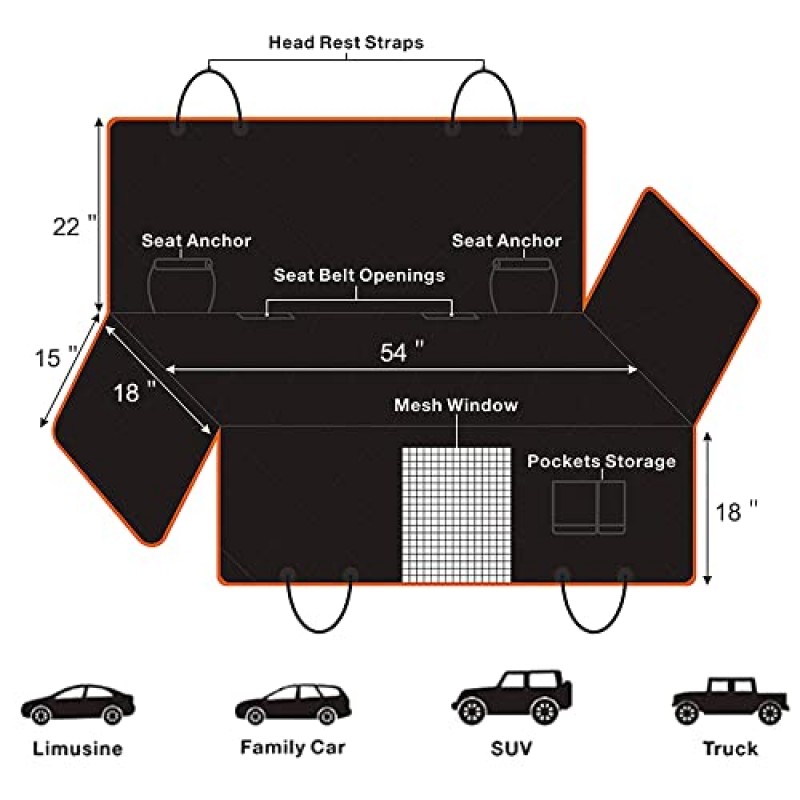 Femuar 개 자동차 시트 커버, 저장 포켓이 있는 뒷좌석용 방수 미끄럼 방지 애완 동물 시트 커버 메쉬 시각적 창, 자동차 트럭 및 SUV용 헤비 듀티 긁힘 방지 애완견 시트 커버 해먹