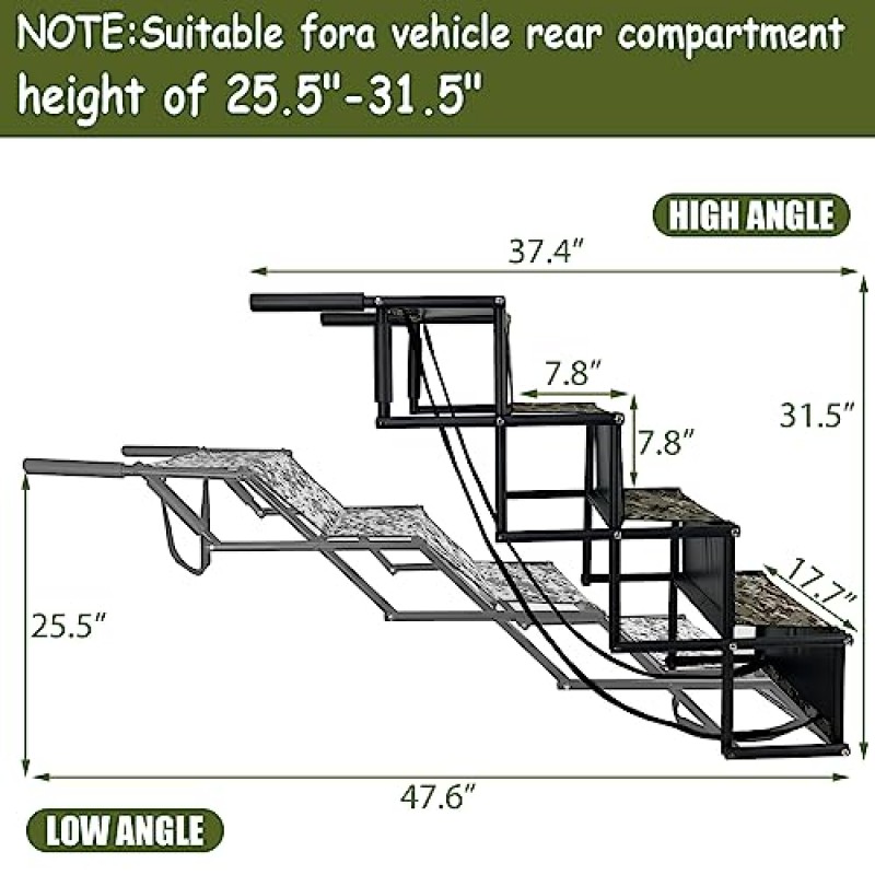 자동차용 LAFENLIN 휴대용 개 계단, 대형 개용 접이식 개 계단 사다리, 미끄럼 방지 표면 및 강도 프레임이 있는 4단계 애완 동물 계단, SUV용 개 경사로, 트럭, 애완 동물 사다리는 최대 150파운드를 지원합니다(다크 카모)