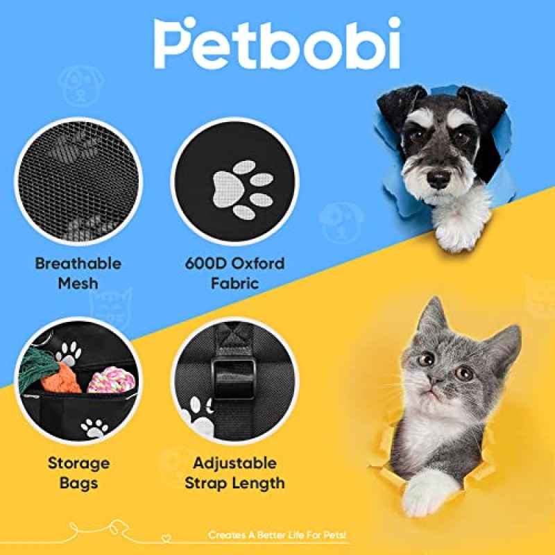 Petbobi 애완 동물은 개 고양이를위한 자동차 부스터 시트를 강화합니다. 안전 벨트가있는 휴대용 및 통기성 가방 개 캐리어 안전 여행용으로 안정적이며 PVC 튜브 (발)가 달린 가죽 끈 클립 포함