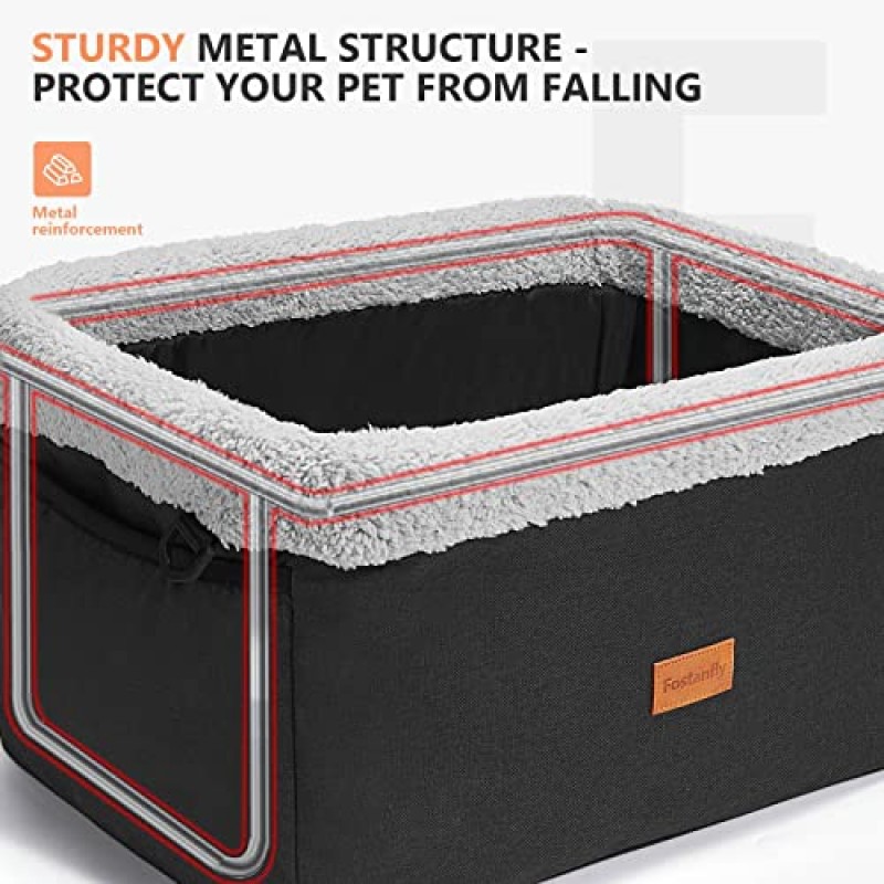 작은 개를 위한 Fostanfly 개 카시트, 금속 프레임이 있는 업그레이드된 개 부스터 시트, 빨 수 있는 두꺼운 쿠션 안전 끈 및 보관 주머니가 있는 강아지 애완 동물 카시트