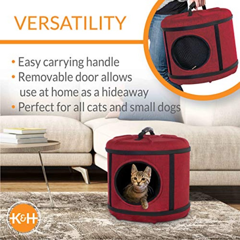 K&H Pet Products Mod 캡슐 고양이용 소프트 양면 애완동물 캐리어, 통기성 고양이 여행용 캐리어 탈착식 메쉬 도어, 접을 수 있는 소형 애완동물 여행용 안전 카시트 - 빨간색 17 X 17 X 15.5인치