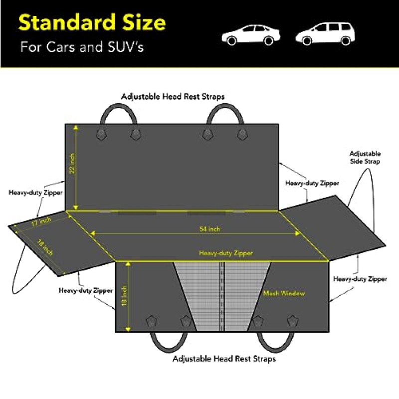 Meadowlark 개 자동차 시트 커버, 뒷좌석용 고강도 개 시트 커버, 추가 패딩 처리된 미끄럼 방지 개 해먹, 자동차 트럭 및 SUV용 방수 뒷좌석 보호대(54
