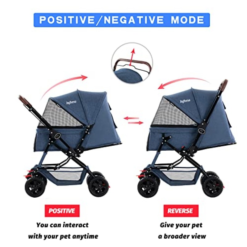 고양이와 개를 위한 Ingborsa 애완견 유모차 날씨 덮개가 있는 4륜 캐리어 산책 카트, 소형 중형 개와 고양이를 위한 보관 바구니 포함.