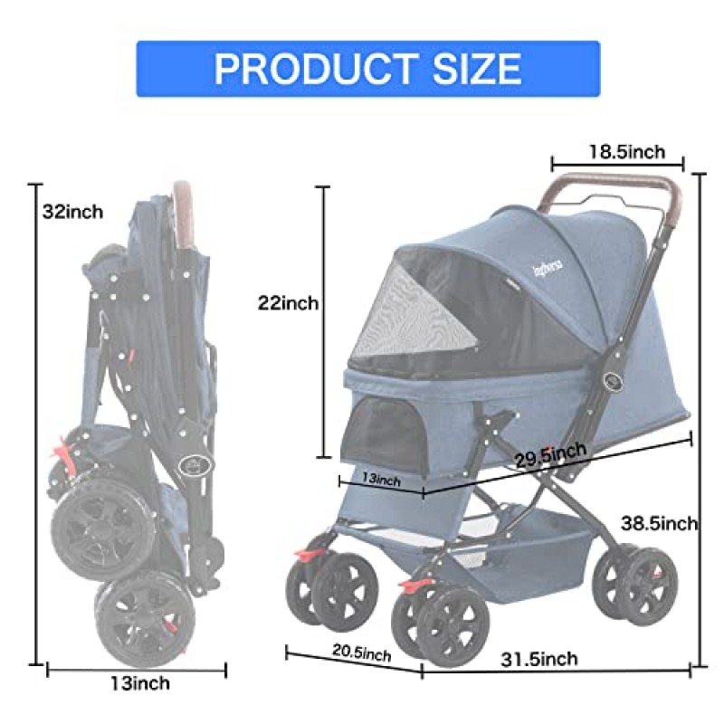 고양이와 개를 위한 Ingborsa 애완견 유모차 날씨 덮개가 있는 4륜 캐리어 산책 카트, 소형 중형 개와 고양이를 위한 보관 바구니 포함.