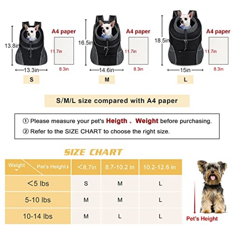 WOYYHO 애완견 캐리어 배낭 강아지 여행용 캐리어 프론트 팩 소형견용 통기성 헤드아웃 배낭 캐리어 고양이 토끼(L(최대 14lbs), 검정색)