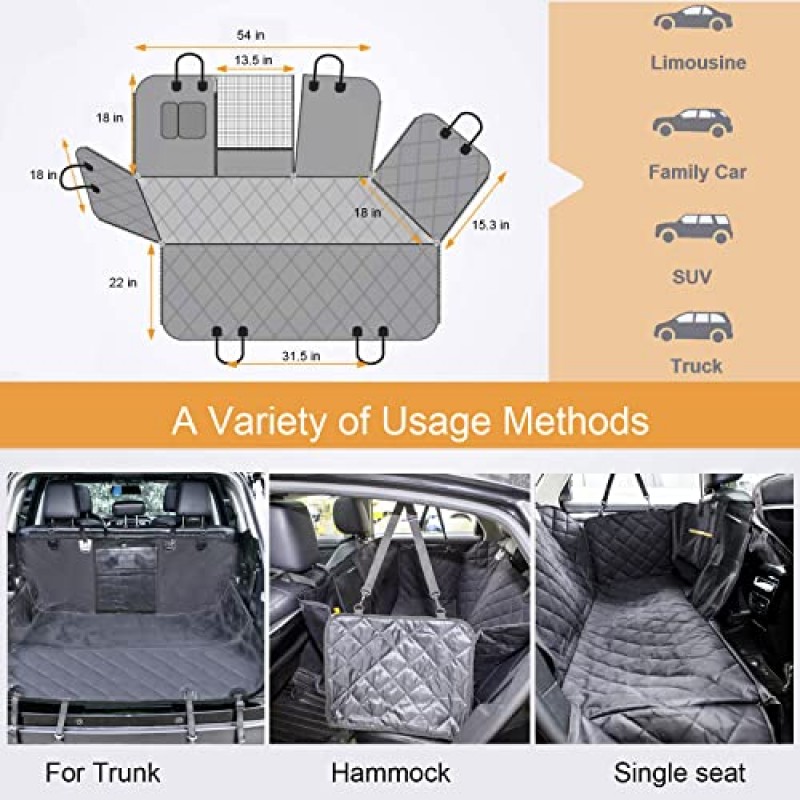 뒷좌석용 개 자동차 시트 커버, 메쉬 창 및 애완동물 안전 벨트가 있는 방수 개 해먹, 자동차, 트럭, SUV, 지프용 뒷좌석 보호대