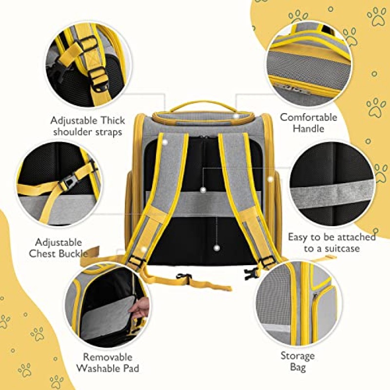 고양이 배낭 캐리어 확장 가능한 애완동물 캐리어 작은 개를 위한 배낭 접이식 터널이 있는 대형 공간 가방 항공사 승인 야외 여행용 새끼 고양이 강아지 하이킹 최대 17파운드에 적합 노란색 및 회색