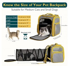 고양이 배낭 캐리어 확장 가능한 애완동물 캐리어 작은 개를 위한 배낭 접이식 터널이 있는 대형 공간 가방 항공사 승인 야외 여행용 새끼 고양이 강아지 하이킹 최대 17파운드에 적합 노란색 및 회색