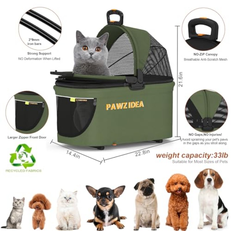 PAWZIDEA 고양이 유모차 4 in 1, 분리형 캐리어가 있는 소형/중형견용 애완동물 유모차 간편 잠금 장치 없음 지퍼 캐노피, 안전벨트 강아지용 카시트, 아늑한 집, 접이식 강아지 조깅 유모차, 대형 보관 바구니