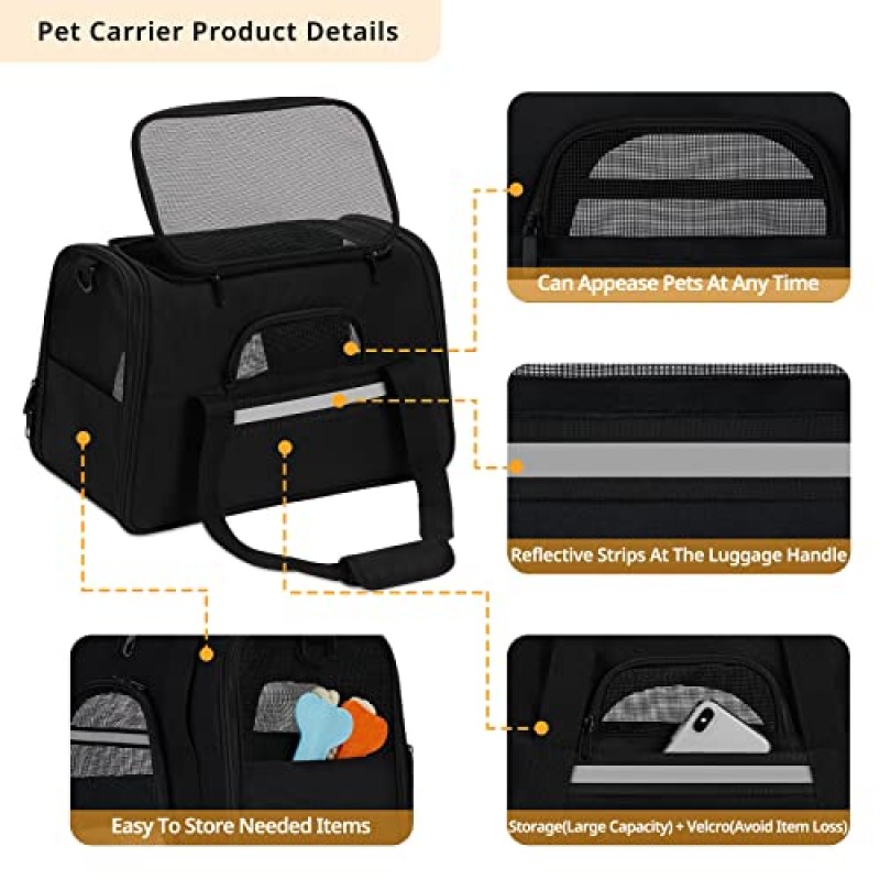 애완동물 캐리어 항공사 승인, Pnimaund 소프트 양면 고양이 캐리어 잠글 수 있는 지퍼와 ID 태그가 있는 새로운 업그레이드된 소형 개 캐리어, 고양이용 통기성 애완동물 캐리어, 15파운드 강아지, 검정색