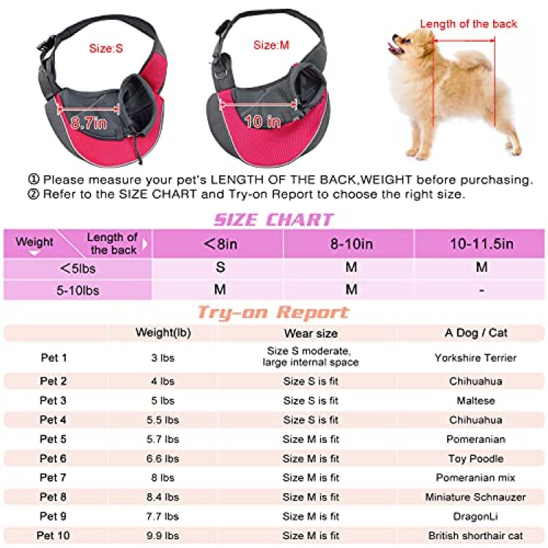 WOYYHO 애완견 슬링 캐리어 강아지 슬링 가방 소형견 고양이 캐리어 야외 여행용 조절 가능한 스트랩 메쉬 핸즈프리 개 가방 캐리어(S(최대 5lbs), 로즈)