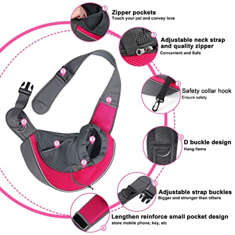 WOYYHO 애완견 슬링 캐리어 강아지 슬링 가방 소형견 고양이 캐리어 야외 여행용 조절 가능한 스트랩 메쉬 핸즈프리 개 가방 캐리어(S(최대 5lbs), 로즈)