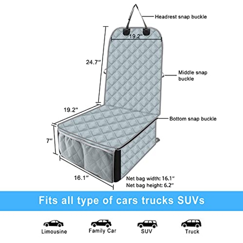 앞좌석용 껍질 애호가 개 시트 커버, 내구성이 뛰어난 방수 시트 보호대, 긁힘 및 미끄럼 방지 개 카시트 커버(개용 앞좌석 및 뒷좌석 어린이용), 범용 크기(2팩, 회색)