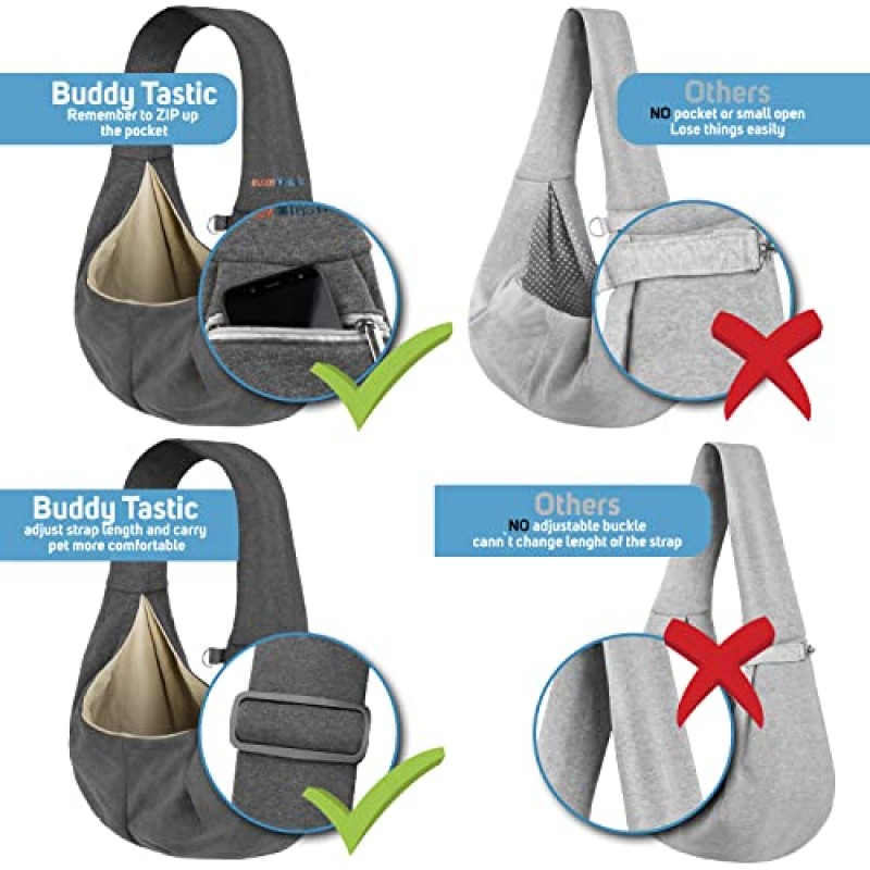 BuddyT 개 슬링 캐리어 - 소형견용 개 캐리어 - 중형견용 개 캐리어 조절 가능한 스트랩, 포켓, 안전 벨트가 있는 2-10 lbs - 강아지 지갑 - 소형견용 강아지 캐리어/소형견 캐리어