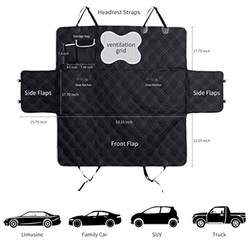 뒷좌석용 강아지 카시트 커버 - 내구성, 미끄럼 방지, 방수 600D 면 5-in-1 애완동물 해먹 - 세단형 자동차, SUV 및 트럭의 먼지, 흘리기 및 긁힘 방지 보호 장치