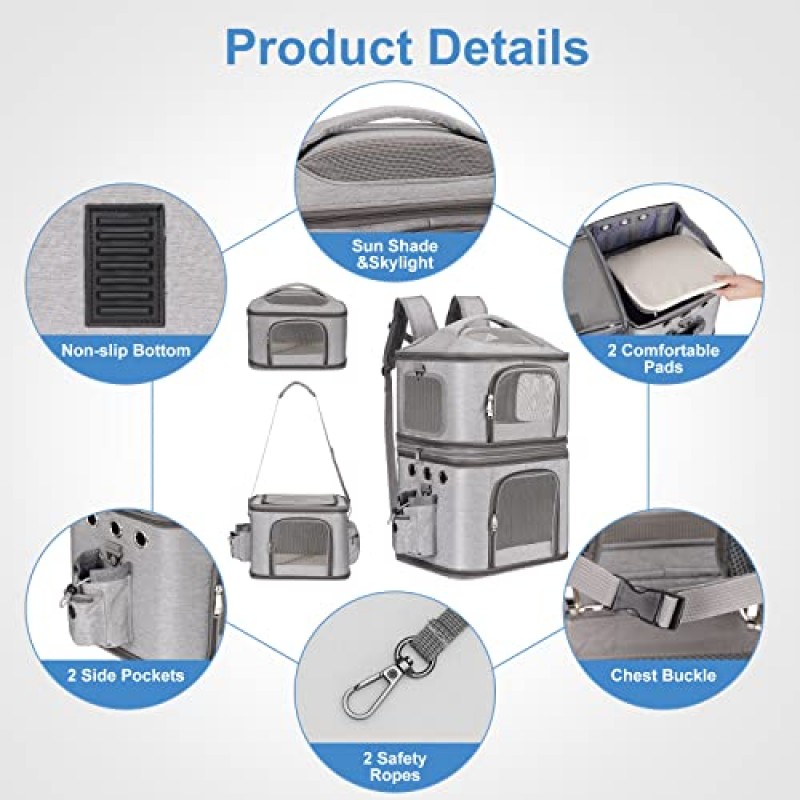 고양이와 소형견을 위한 HOVONO 분리형 이중 애완동물 캐리어 백팩, 고양이 2마리용 고양이 여행 캐리어, 여행/하이킹/캠핑에 적합, 회색