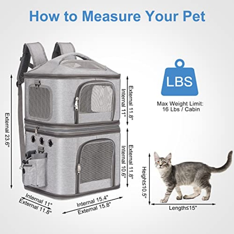 고양이와 소형견을 위한 HOVONO 분리형 이중 애완동물 캐리어 백팩, 고양이 2마리용 고양이 여행 캐리어, 여행/하이킹/캠핑에 적합, 회색