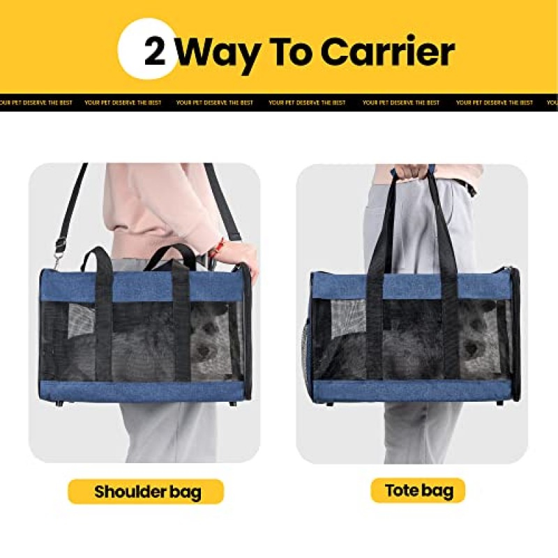 Conlun Cat Carrier 항공사 승인, 내부 안전 끈이 있는 부드러운 면 개 캐리어, 최대 15파운드의 중소형 고양이용 애완동물 운송 캐리어, 접이식 여행용 새끼 고양이 캐리어 가방 -블루 M