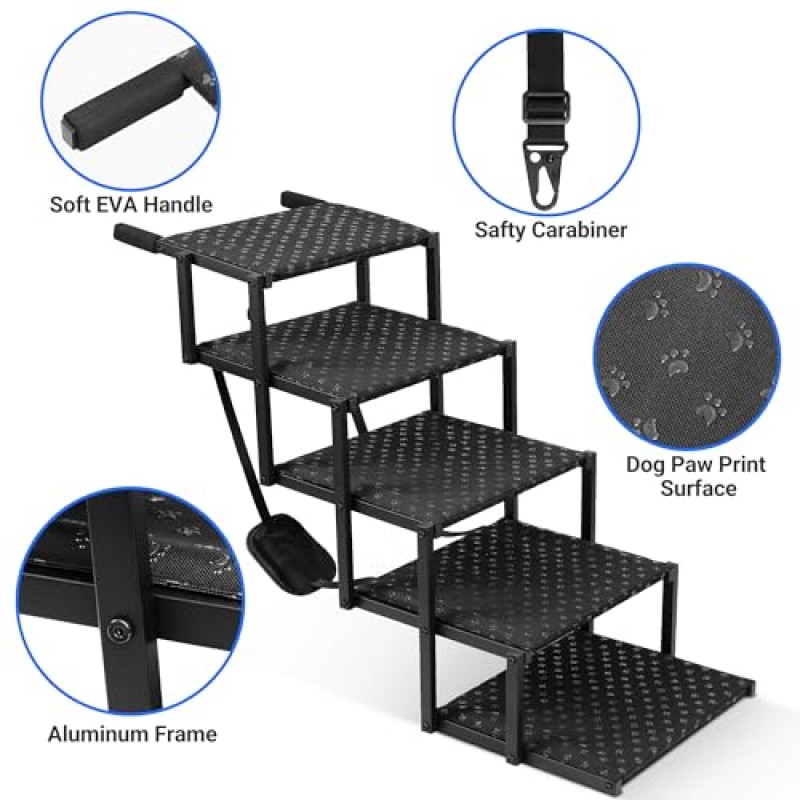 자동차용 Niubya 개 경사로, 자동차, SUV, 트럭용 휴대용 접이식 개 계단, 미끄럼 방지 표면이 있는 대형견용 경량 애완 동물 경사로, 강화된 개 계단은 최대 200lb, 5단계를 지원합니다.